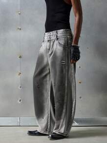 NEON BLANC Men's Loose Fit Long Black Embroidered Gradient Woven Jeans, Streetwear Style