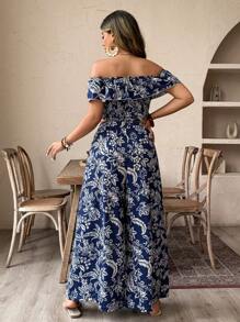 SHEIN PETITE Set de 2 piezas compuesto por top corto de hombros descubiertos con volantes y pantalones palazzo de cintura elástica con estampado floral, estilo bohemio perfecto para vacaciones, look elegante y juvenil para uso diario, citas, primavera/verano