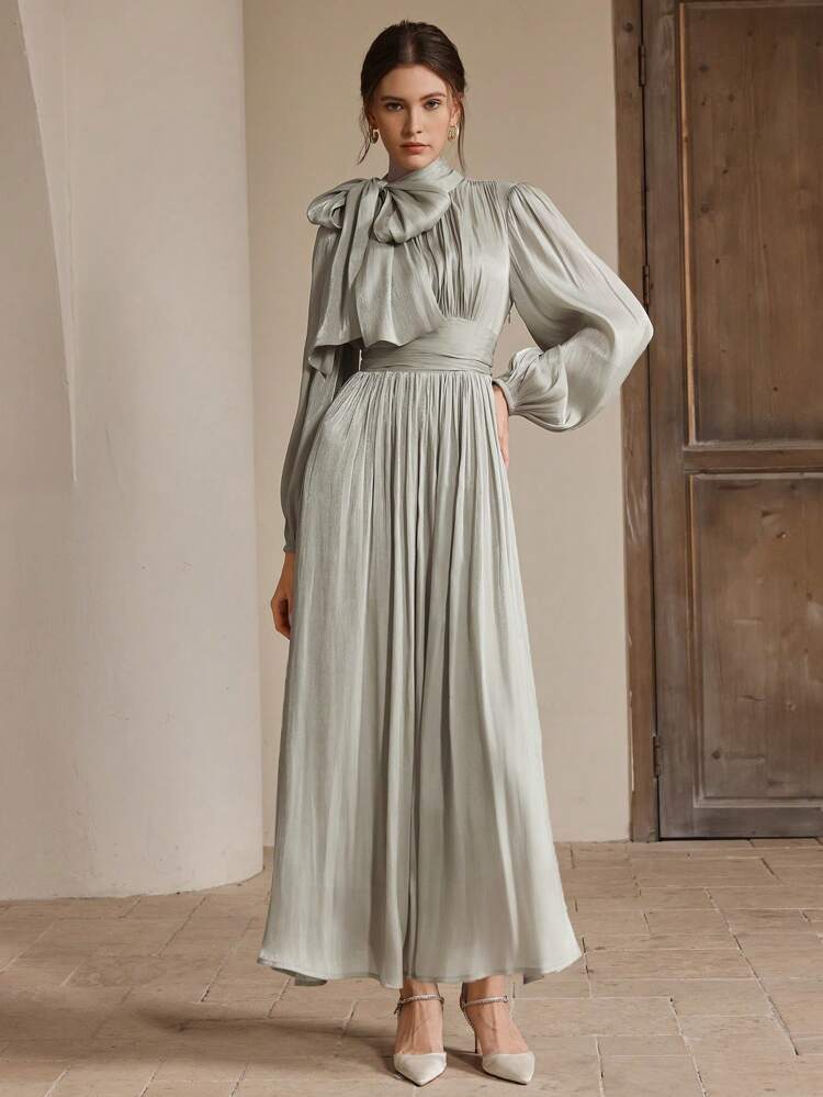 Women's Long Grayish Green Dress, Pleated Waist, Shiny Fabric, Elegant & Versatile, Spring/Autumn