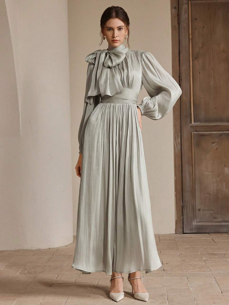 Women's Long Grayish Green Dress, Pleated Waist, Shiny Fabric, Elegant & Versatile, Spring/Autumn
