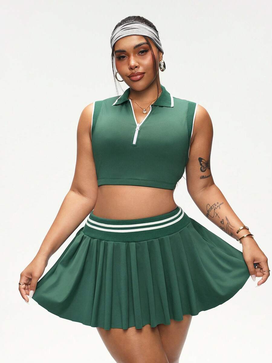 Gameset SHEIN Sport 女士加大码瑜伽服 - 简约时尚无袖背心和裙子,适合日常休闲穿着 - 綠色 - 查看 1