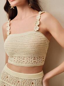 Anewsta 2件套女士优雅高端镂空花朵钩针短款吊带上衣和裙子套装 - 杏色 - 查看 5