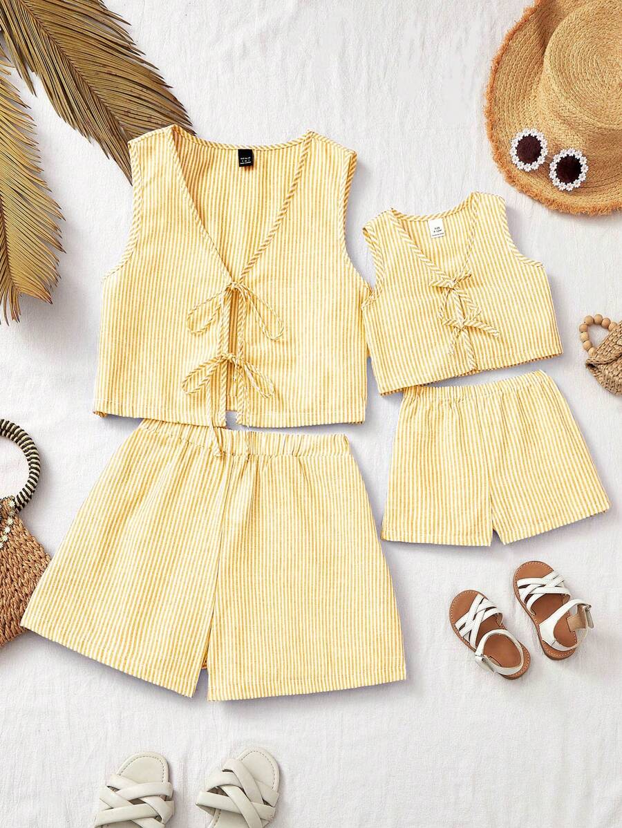 SHEIN Baby Girl Summer Vacation Tie Front Striped Camisole And Shorts Set