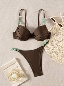 Swim Chiccia Women's Summer Solid Brown Shiny Nylon Fabric Sexy Underwire Fashionable Turquoise Accessory Linked Bikini Set