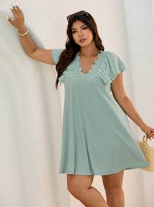 Elaquor Plus Size V-Neck Lace Trim Embroidery Casual Shift Dress For Summer - Mint Green - View 5