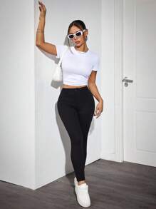 SHEIN PETITE Women's Solid Color Casual Trousers, Suitable For Summer Fall, Black Pants For Women