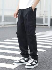 PantsHub Casual Teen Boys' Black Elastic Cuff Cargo Pants, Streetwear Punk Rock Athletic Trousers For Everyday, Party, Music Festival, Suitable For Spring/Summer - Black - View 2