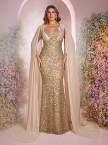 Glamrae Plus Size Elegant Luxury Sweetheart Neck Sequin Chiffon Mermaid Evening Gown Suitable For Wedding, Party, Date, Ball, Formal Occasion (Exquisite Embroidered Design), For Wedding Guest - Beige - View 1