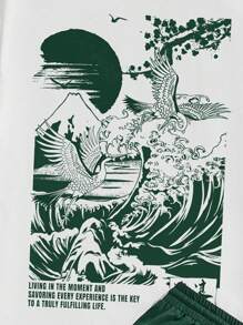 Claim Dot Men's Original Green Japanese Crane Ukiyo-E Landscape Print T-Shirt Set & Shorts, Suitable For Summer, 2 Pieces Outfits, Cozy Outfits