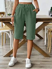 SHEIN PETITE Short en lin à taille élastique pour l'été, 5 pouces - Militaire verte - Voir 5