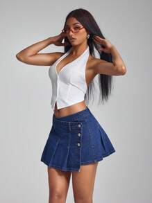 SHEIN ICON Women's Single Button Side Pleated Casual Denim Mini Skirt - Dark Wash - View 7