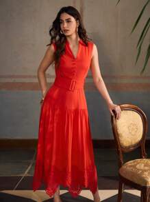 ZEYLAH 亚麻刺绣腰带无袖优雅连衣裙 - 紅色 - 查看 6