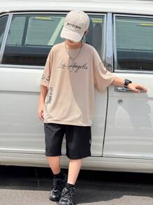 1 Piece Tween Boy 休闲运动学院艺术风格复古宽松版型个性字母印花圆领卡其色 T 恤适合返校男孩适合生日派对、晚会、表演、婚礼、洗礼、开幕式日常适合日常使用适合上学适合旅行适合运动适合春夏季节 - 卡其色 - 查看 3