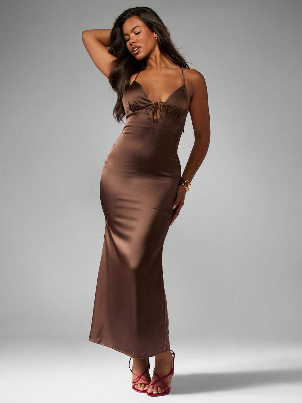 satin bodycon dress long Satin Bodycon Dress with Organza Sleeves Black