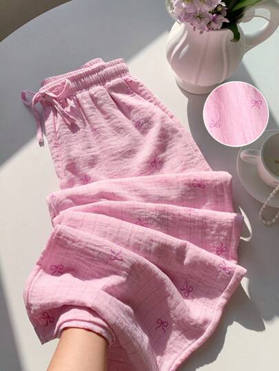 Comfortcana Pantalones casuales sueltos de verano con diseño de lazo a rayas rosas para vacaciones