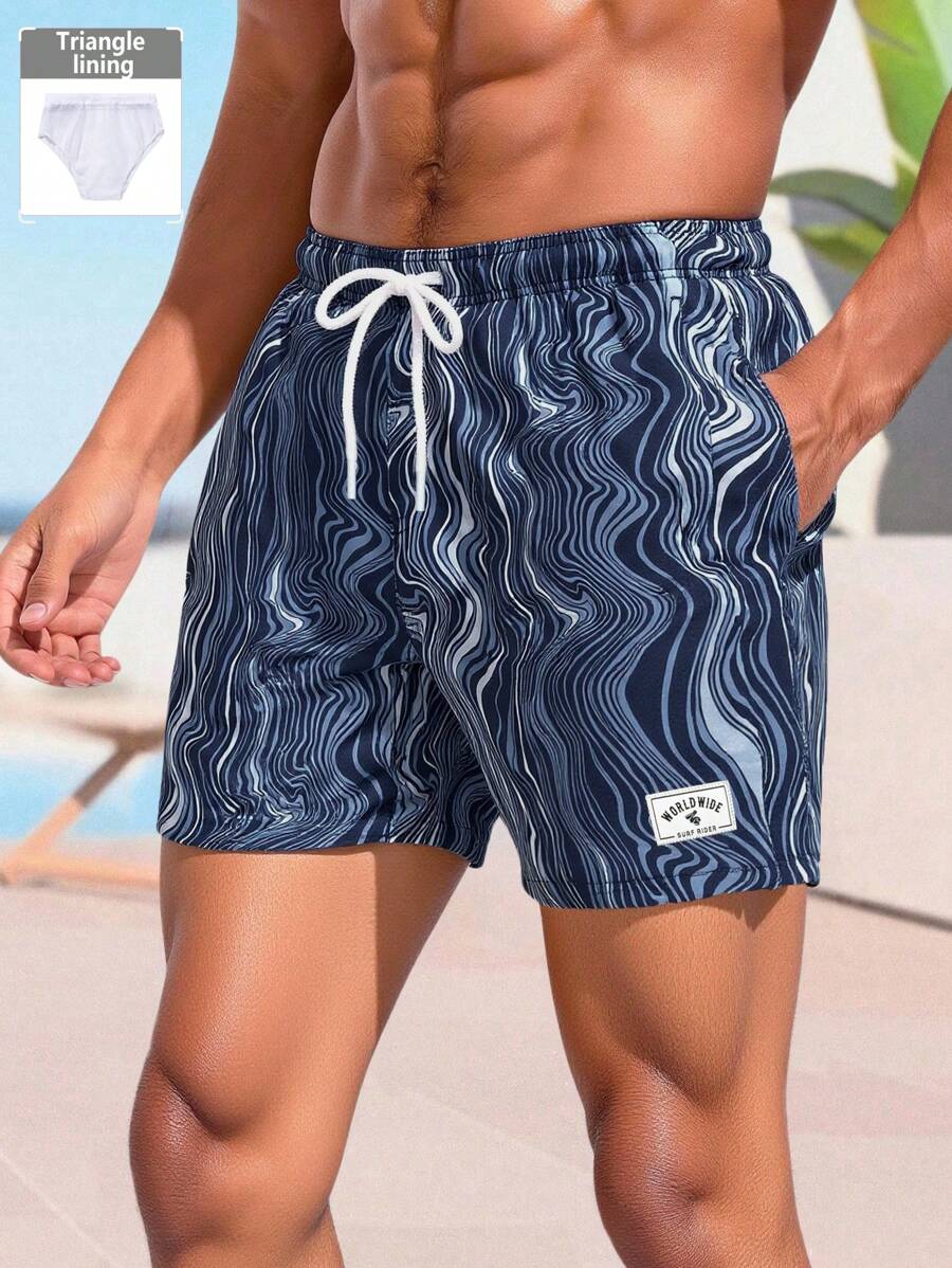 Manfinity Swimmode Men's Casual Printed Drawstring Pocket Beach Shorts, Summer - Navy Blue - View 1
