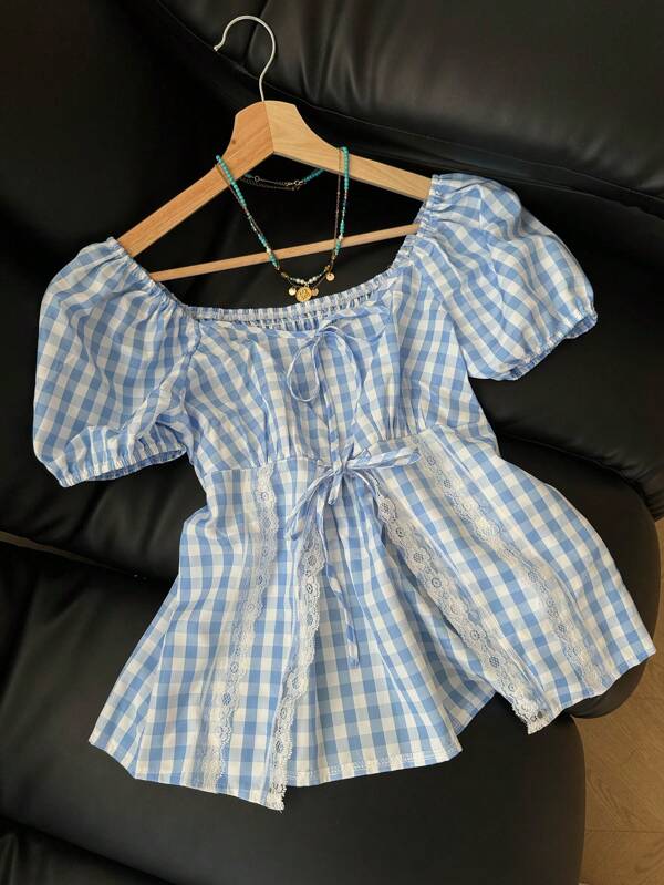 INAWLY Korean Spring/Summer Lace Patchwork Puff Sleeve Blouse