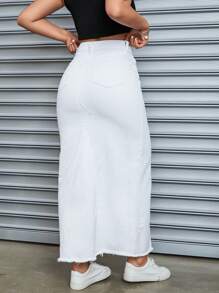 SHEIN Tall Solid Color Button Front Pocket Casual Denim Maxi Skirt - White - View 2