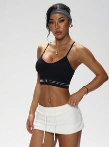 SHEIN Sports Women Seamless Knit Sports Bra With Criss-Cross Back Straps, High Elasticity And Comfort, Black - Black - View 5