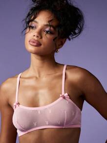 Missguided x Playboy 俏皮兔子图案网眼文胸和内裤内衣套装，带装饰蝴蝶结情人节睡衣蜜月系列