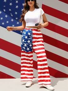 Flirla Plus Size Women Independence Day USA Flag Casual Pants For Fourth Of July/4th Of July Fall Cloth For Women - Multicolor - View 5