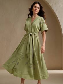 Anewsta Vestido elegante con escote en V, manga corta y bordado calado para mujer