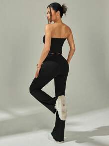 SHEIN PETITE 2pcs Set: Shirred Bandeau Top With Asymmetrical Hem & Flared Pants - Black - View 2