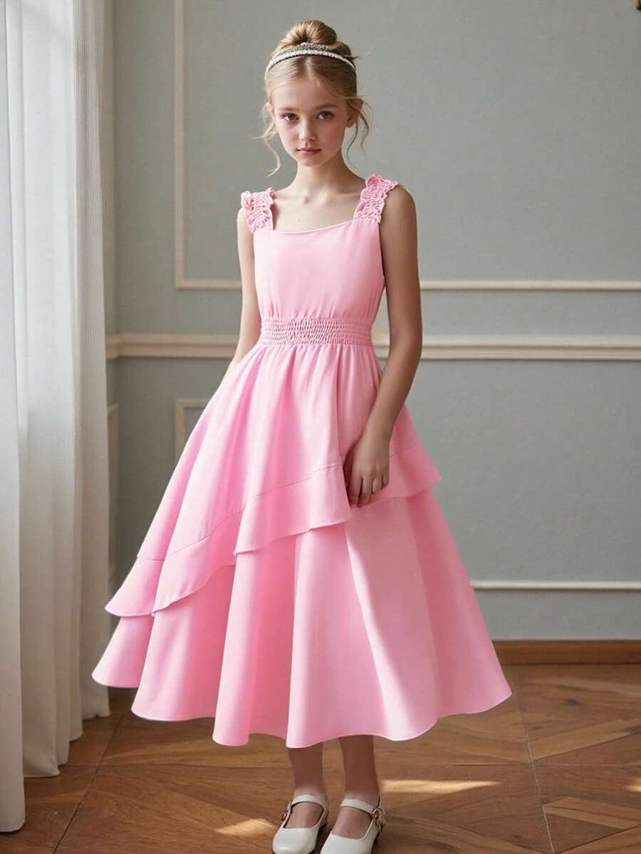 Tween Girls' Elegant Pink Sleeveless Dress, Summer - Pink - View 1