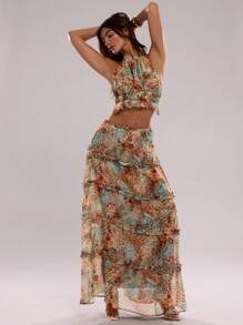 SHEIN BAE 夏季海滩度假豹纹荷叶边露背性感露背套装，适合日常约会、夜间外出、夜总会、派对、聚会、泳池派对、返校季服装、返校季服装、节日套装女套装、音乐节服装、乡村音乐节服装、演唱会服装、女式上衣背心套装、裙装套装 - 藍色 - 查看 1