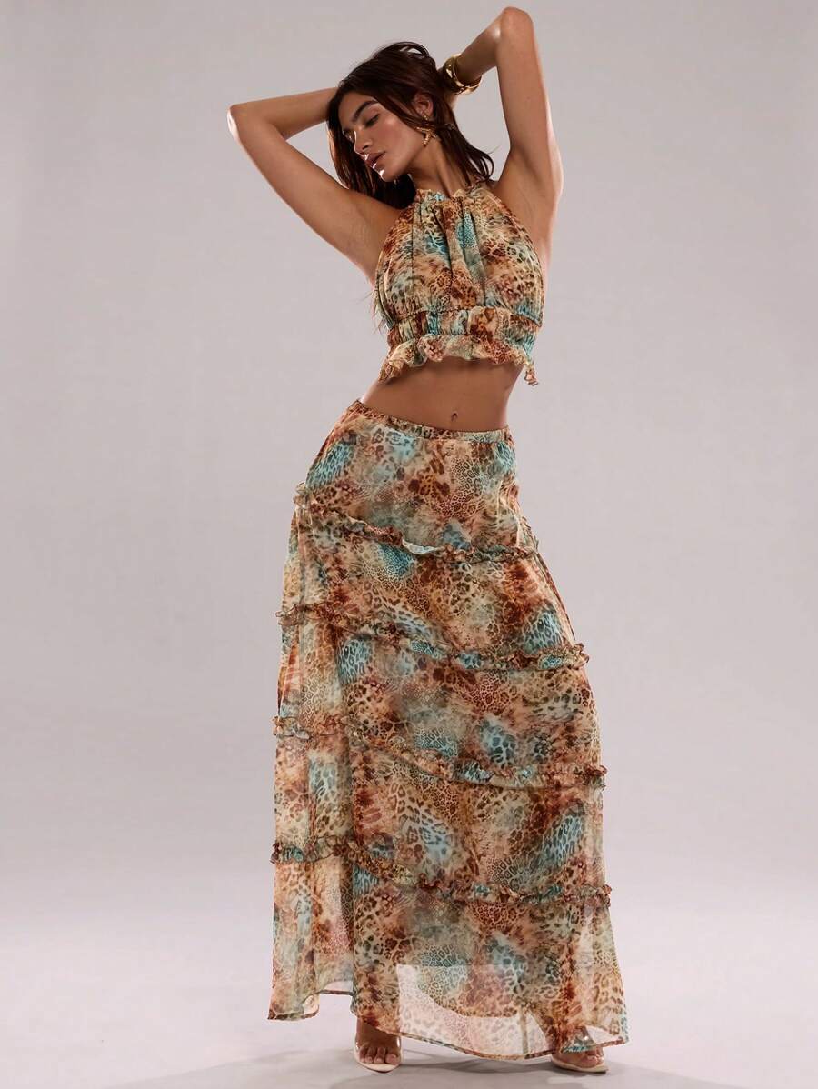 SHEIN BAE 夏季海滩度假豹纹荷叶边露背性感露背套装，适合日常约会、夜间外出、夜总会、派对、聚会、泳池派对、返校季服装、返校季服装、节日套装女套装、音乐节服装、乡村音乐节服装、演唱会服装、女式上衣背心套装、裙装套装 - 藍色 - 查看 1