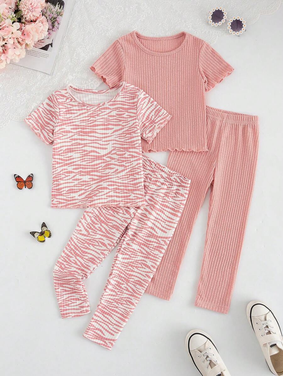 2pcs/Set New Fashion Young Girl Zebra Stripe Printed + Solid Ribbed Leggings Suit, Very Suitable For Outdoor - Multicolor - View 1