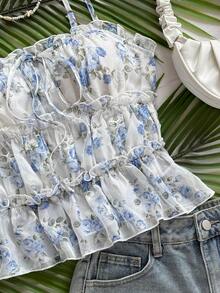 Soleia 浪漫花卉网纱吊带背心，适合度假、返校、毕业季，荷叶边下摆，夏季情人节必备 - 彩色 - 查看 4