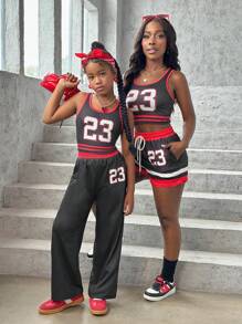 SHEIN 2pcs Tween Girls Numeric Print Tank Top + Pants Set, Casual Everyday Outfits, Mommy And Me Matching Outfits (2 Sets Sold Separately) - Black - View 1