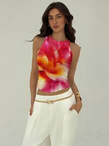 Aloruh Top canottiera da donna minimalista casual con stampa a giglio plissettato, adatta per l'estate, la spiaggia, le vacanze, la primavera e la laurea