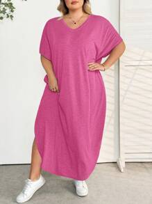 SHEIN CURVE+ Plus Size Women's Spring/Summer New Fashion Commuter Casual Pocket Design Split Robe, Summer Dresses - Hot Pink - View 5