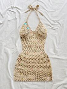 Soleia Abito corto elegante boho con paillettes, senza schienale, adatto per matrimoni in spiaggia primaverili/estivi, lauree, brunch, San Patrizio, vacanze di primavera, Pasqua, festival musicali