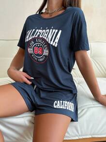 Slogan Print Casual Korte Mouw Shorts Pyjamaset Voor Dames