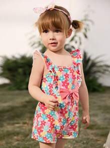Cozy Pixies Baby Girl Floral Print Round Neck Ruffle Trim Sleeveless Romper Shorts - Multicolor - View 1
