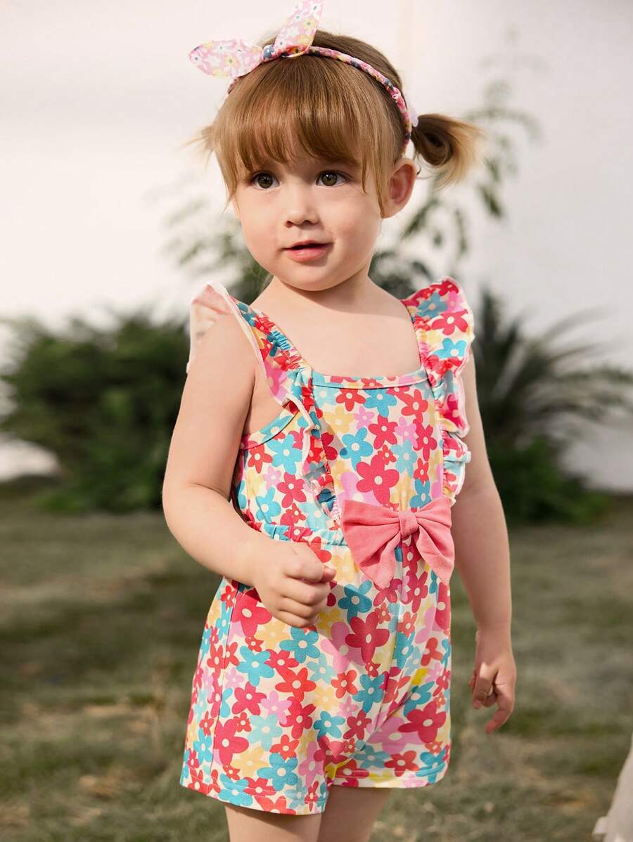 Cozy Pixies Baby Girl Floral Print Round Neck Ruffle Trim Sleeveless Romper Shorts - Multicolor - View 1