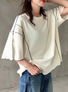 FRIFUL Top de plage casual à col rond oversize bicolore pour femmes, hauts polyvalents à manches longues pour femmes