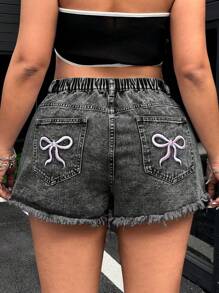 SHEIN ICON 蝴蝶结刺绣水洗无弹牛仔短裤 - 灰色 - 查看 1