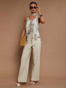 COSMINA Women's Solid Color Side Slit Elegant Office Wide Leg Pants - Beige - View 3