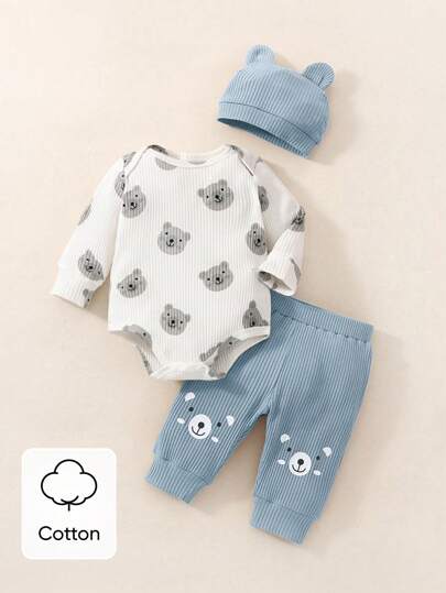 SHEIN Newborn Baby Boy Clothes Set: Cute & Stylish Hat, Long Sleeve Bodysuit, And Comfy Pants