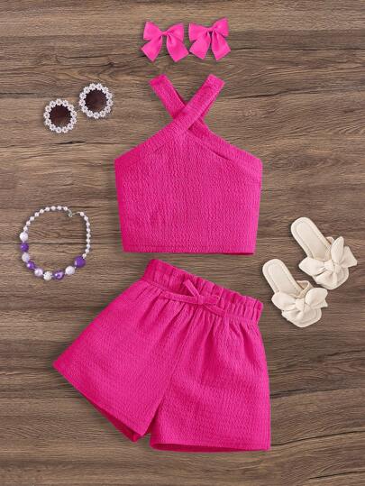SHEIN Youth Girl Knitted Solid Sleeveless Top And Shorts 2 Pieces Set
