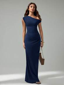 SHEIN Tall Vestido ceñido extra largo de unicolor con cuello asimétrico y drapeado para mujer
