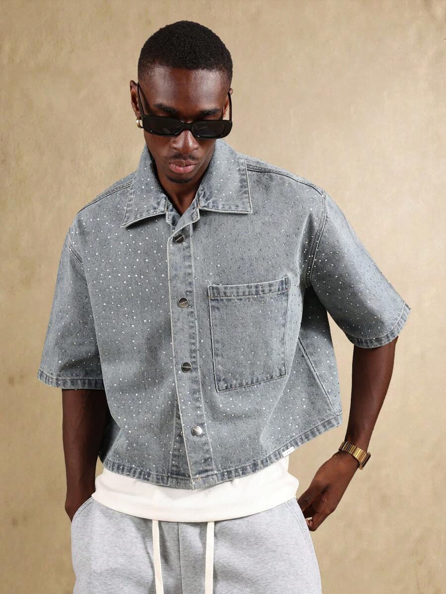 SUMWON 闪光效果短袖牛仔衬衫宽松剪裁休闲纽扣领复古风格春夏街头时尚夹克