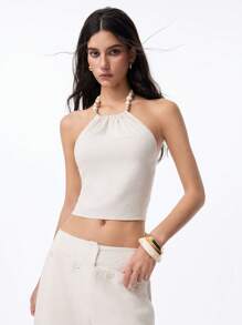 LYSMO 2025春夏新品，女士高端时尚露背短款上衣，亚麻面料精制而成，饰有串珠绳饰。完美契合复古休闲、田园风美学、休闲度假造型和波西米亚风情。 - 杏色 - 查看 3