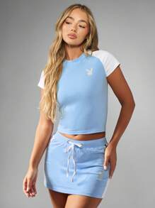 Missguided x Playboy Raglan Sleeve Crop Top Two Tone Fitted Baby Tee Short Summer Active Casual Lounge Sport Exercise Workout Performance - Blue and White - View 5