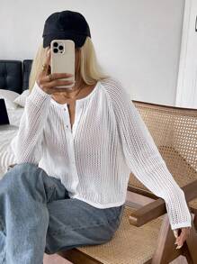 SHEIN EZwear 女士白色纽扣前休闲百搭长袖开衫 - 白色 - 查看 7