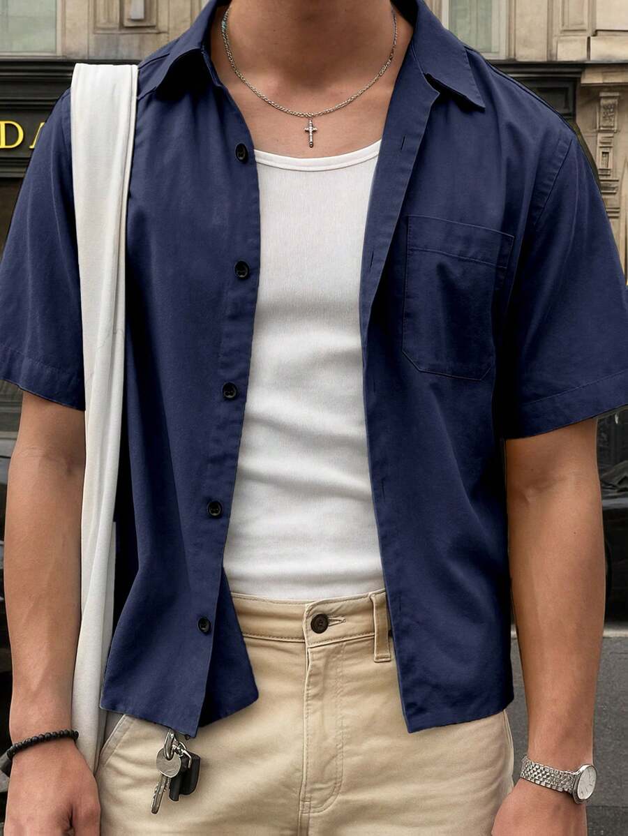 SHEIN Manfinity Dauomo Summer Casual Men's Button Up Short Sleeve Shirt - Navy Blue - View 1